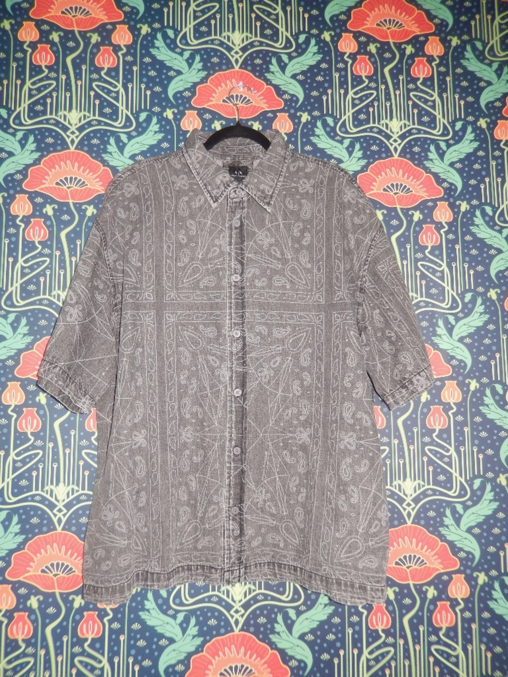 Armani Exchange Gray Bandanna Print Short Sleeve Denim Shirt New